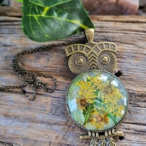 Artisan Handcrafted Brass Owl Pendant Necklace with Floral Accents